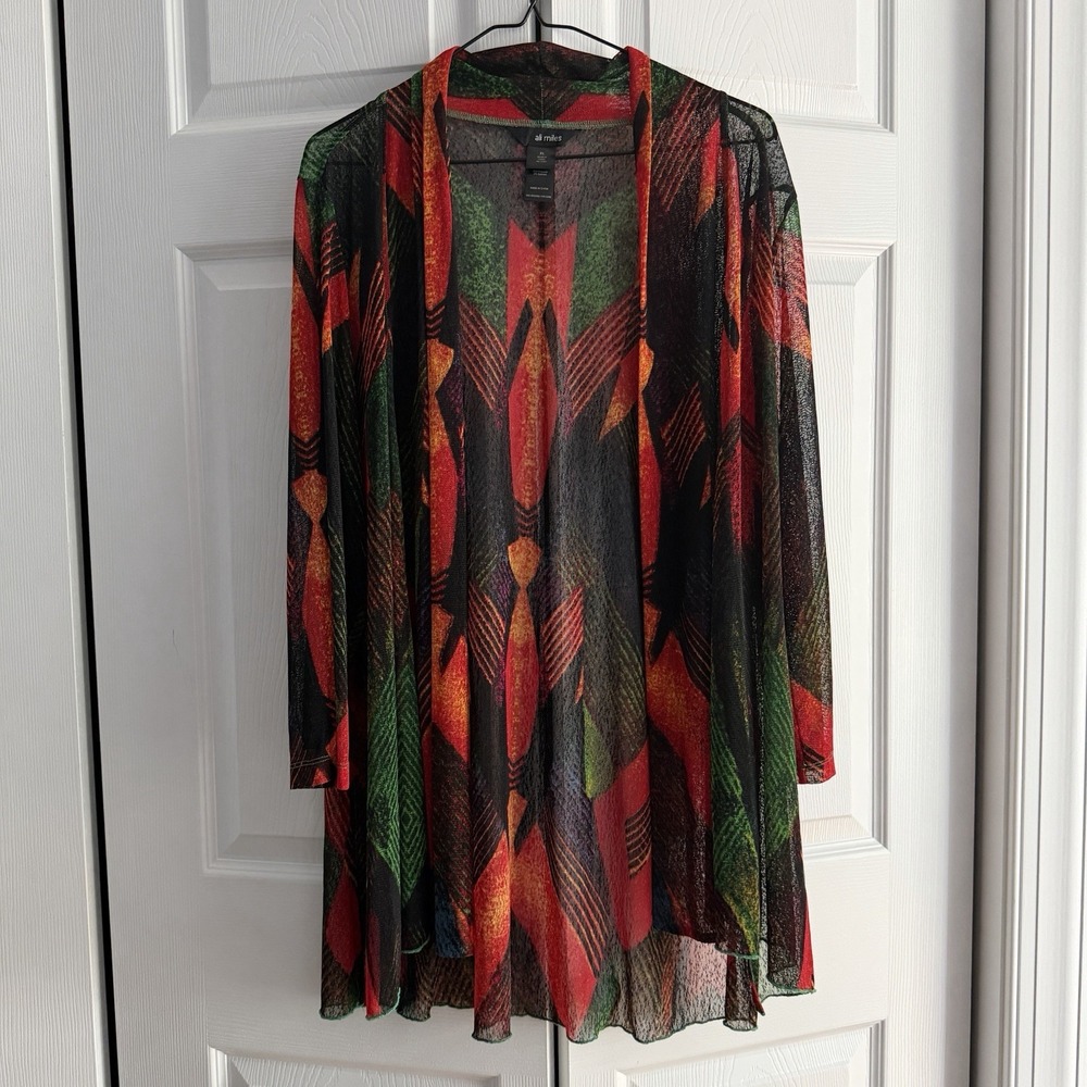 Ali Miles Sheer Cardigan Topper  XL Mesh Art to Wear Lagenlook Abstract Artsy